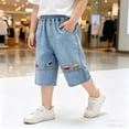 thumbnail image 2 of Ticikt Boys' Cotton Denim Capri Shorts, Elastic Waist Car Embroidered Summer Pants,Light Blue,7-8 Years, 2 of 5