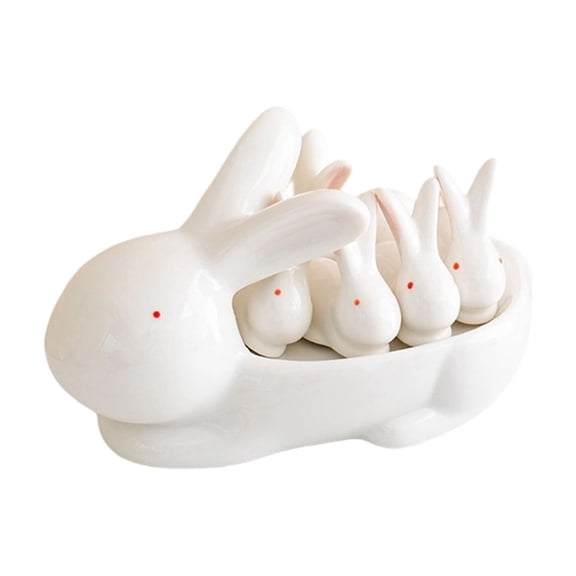AURIGATE Ceramic Easter Bunny Egg Holder Set, White Mother Rabbit with 5 Baby Bunnies, Decorative Egg Cup for Easter Table & Spring Home Decor