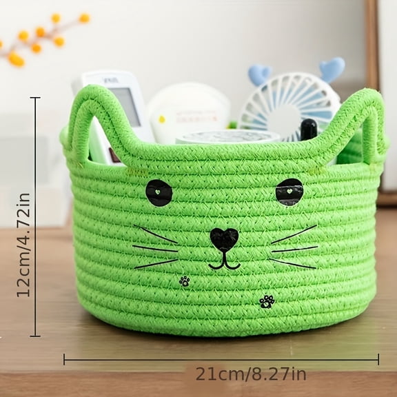 Green Cat-Face Storage Basket,Charming Cat-Face Storage Basket – Woven Cotton, Space-Saving Organizer for Dorms, Bedrooms & Offices – Multi-Functional Desktop Sorter for Daily Use