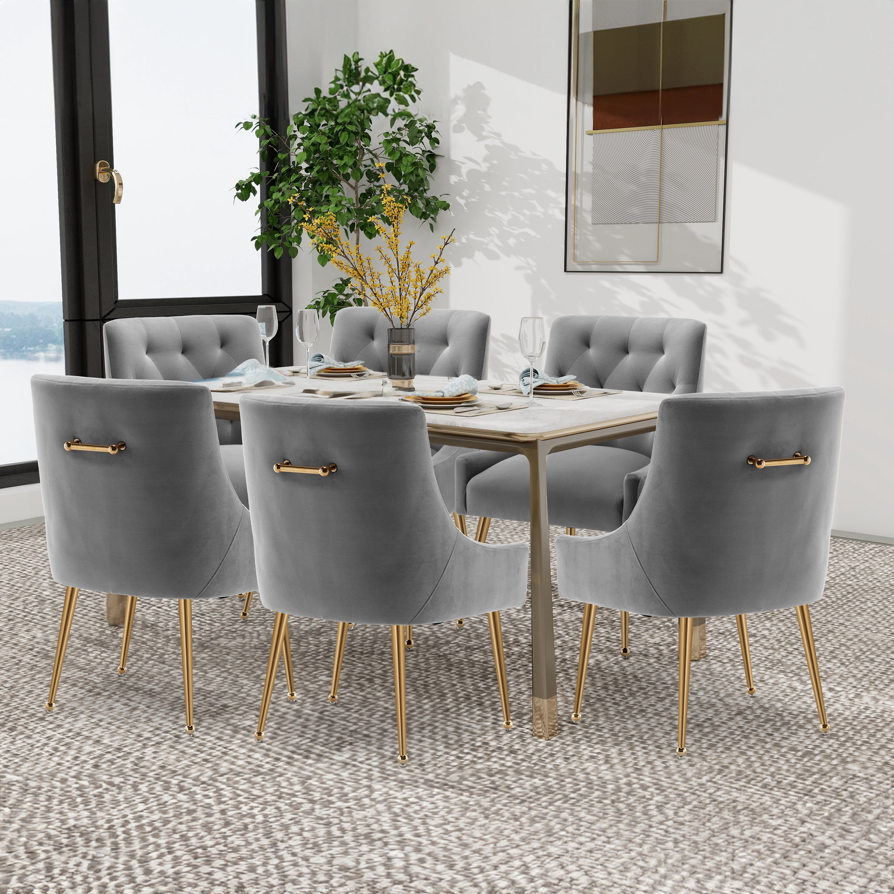 SEYNAR Elegant Tufted Upholstered Dining Chairs Set of 6, Velvet Accent Chair for Dining Room(Grey)