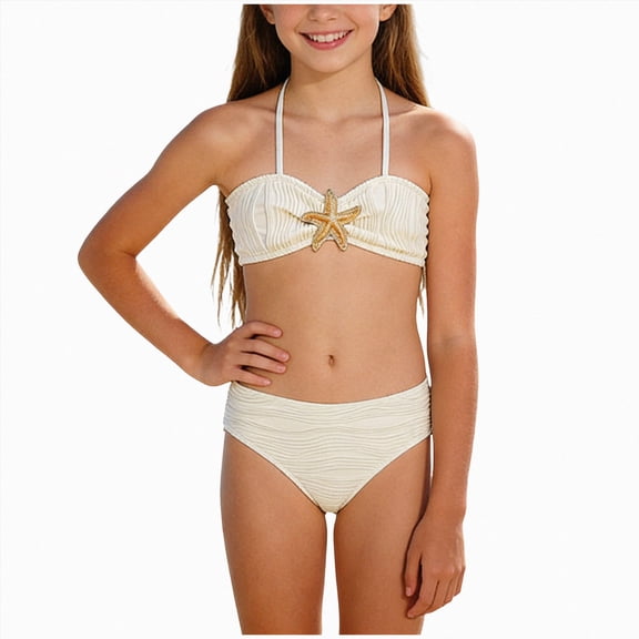 Xudanell Girl's 2 Piece Starfish Swimsuit Padded Bathing Suit Textured Spaghetti Strap Bikini Swimsuit (8-9 Years,White)