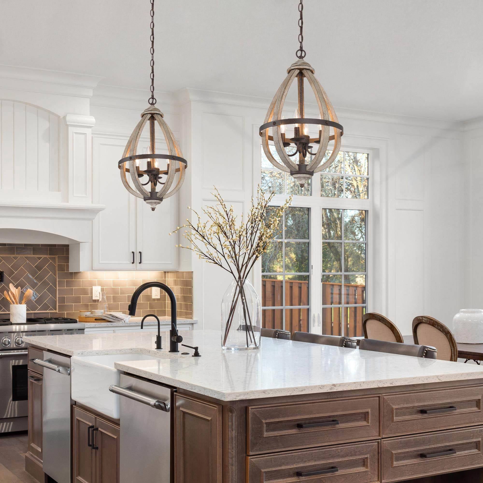 LNC 4-Light Rusty Bronze and Distressed Wood Farmhouse LED Kitchen Island Chandelier