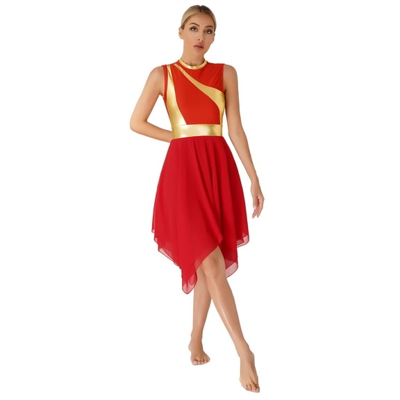 Oyolan Womens Lyrical Liturgical Praise Dance Dress Gold Color Block Metallic Irregular Worship Red L