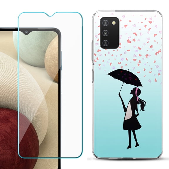 Slim-Fit TPU Fashion Phone Case for Samsung Galaxy A03s, with Tempered Glass Screen Protector, by OneToughShield ® - Rain/Hearts