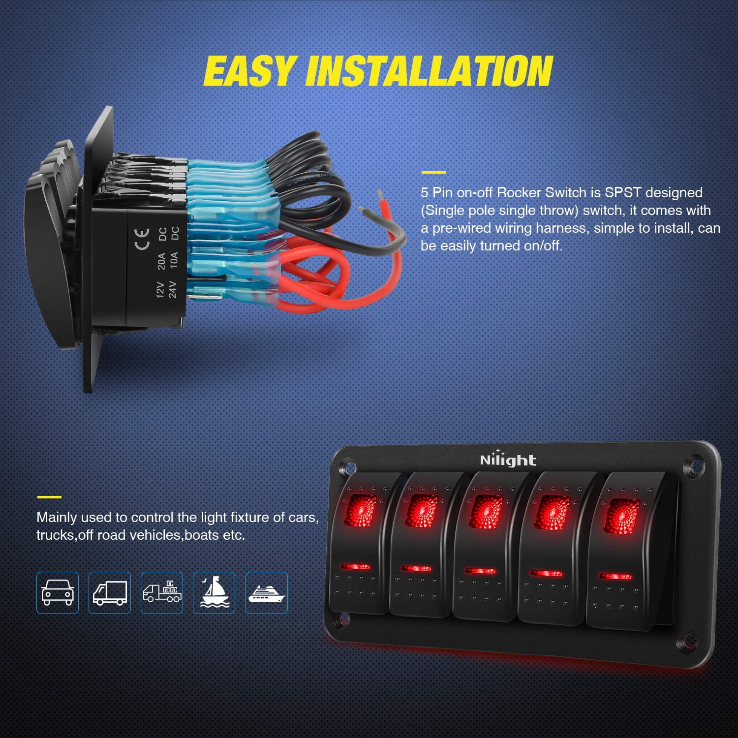 Nilight 5 Gang Rocker Switch Panel 5Pin On Off Toggle Aluminum Holder 12V 24V Dash Pre-Wired Red Backlit Switches for Automotive Cars Marine Boats RVs Truck