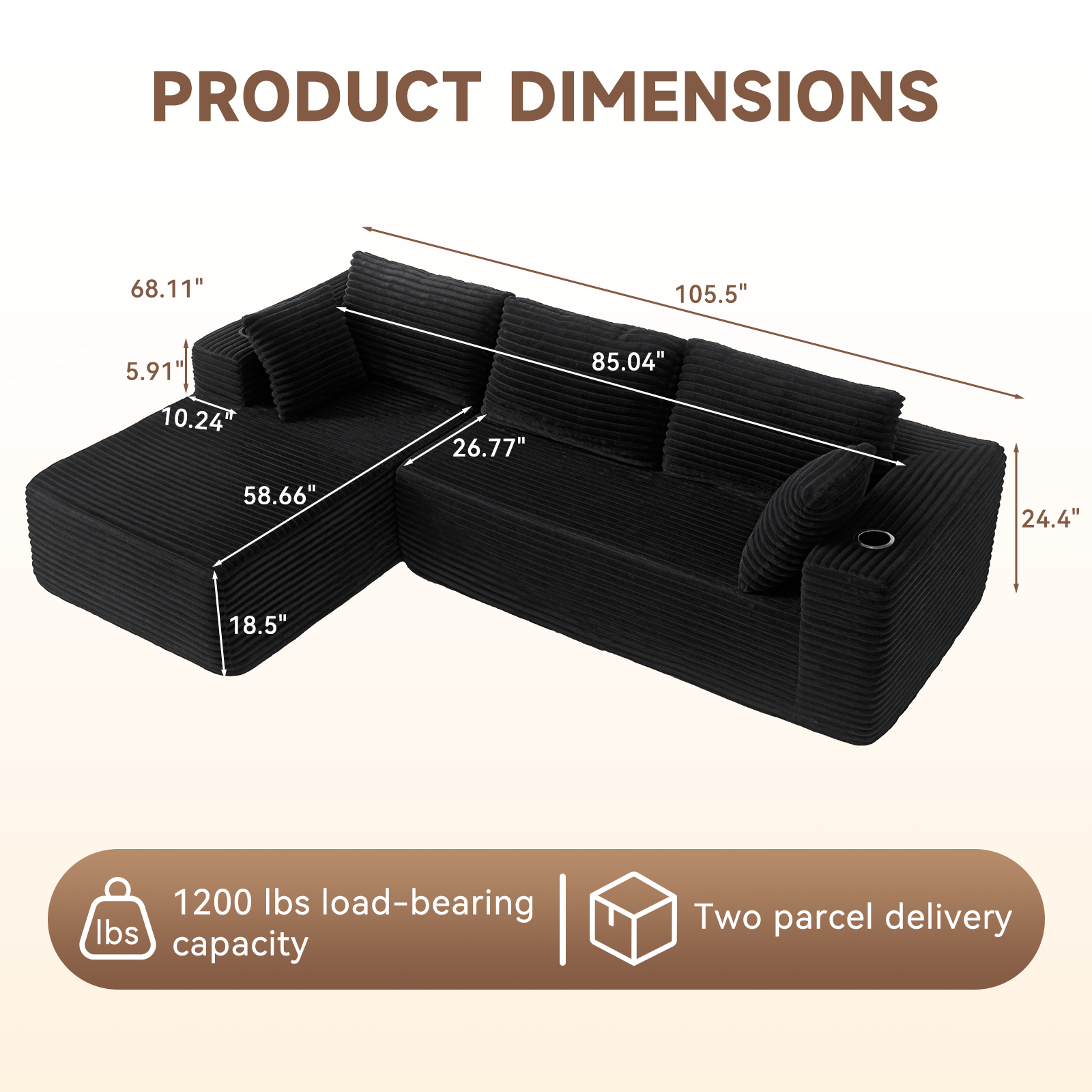 BaPiPro 106" Soft Corduroy Convertible Sectional Sofa, L-Shaped Modular Sectional Couch with Deep Seat for Living Room, Cloud Oversized Upholstered Sleeper Sofa, No Assembly Required, Black