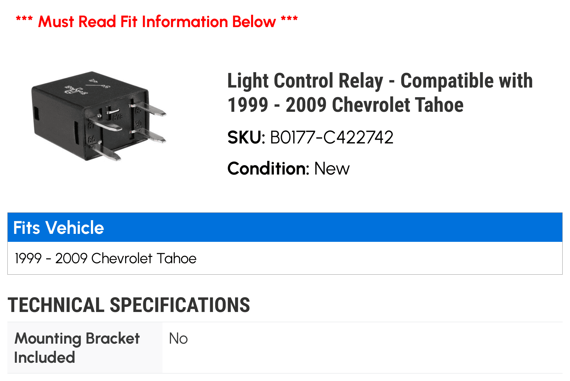 Light Control Relay - Compatible with 1999 - 2009 Chevy Tahoe 2000 2001 2002 2003 2004 2005 2006 2007 2008