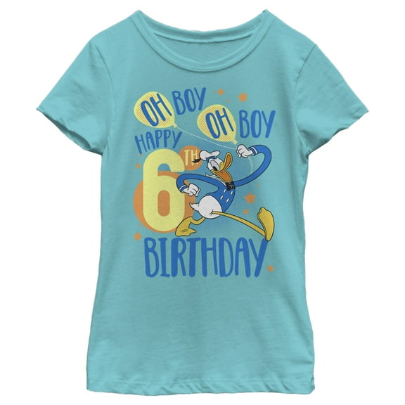 Girl's Mickey & Friends Donald Duck Oh Boy Happy 6th Birthday Graphic Tee Tahiti Blue Medium