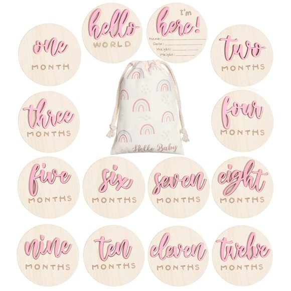 Monthly Milestone con forma de círculos de madera, diseño Hello World, rosa