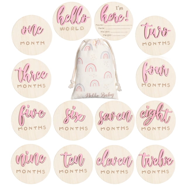 Monthly Milestone con forma de círculos de madera, diseño Hello World, rosa