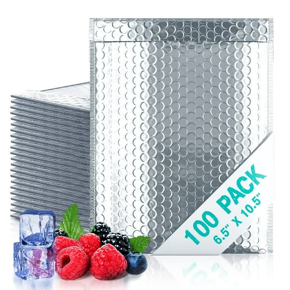 Silver Thermal Bubble Mailer, 6.5 x 10.5 Inches. 100 Pack Metallic Bubble Mailers. Self-Seal Insulated Mailers for Cold Shipping. Padded Envelopes Waterproof. Thermal Bag for Food, Cosmetics