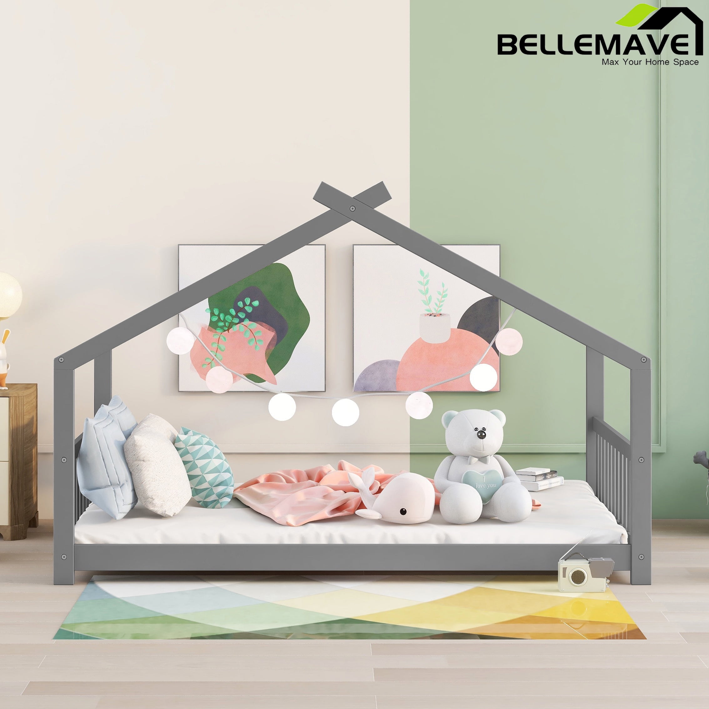 Bellemave Full Size House Bed,Wood Platform Bed with Headboard and Footboard, House Floor Bed with Roof and Slat  (Gray,Full)