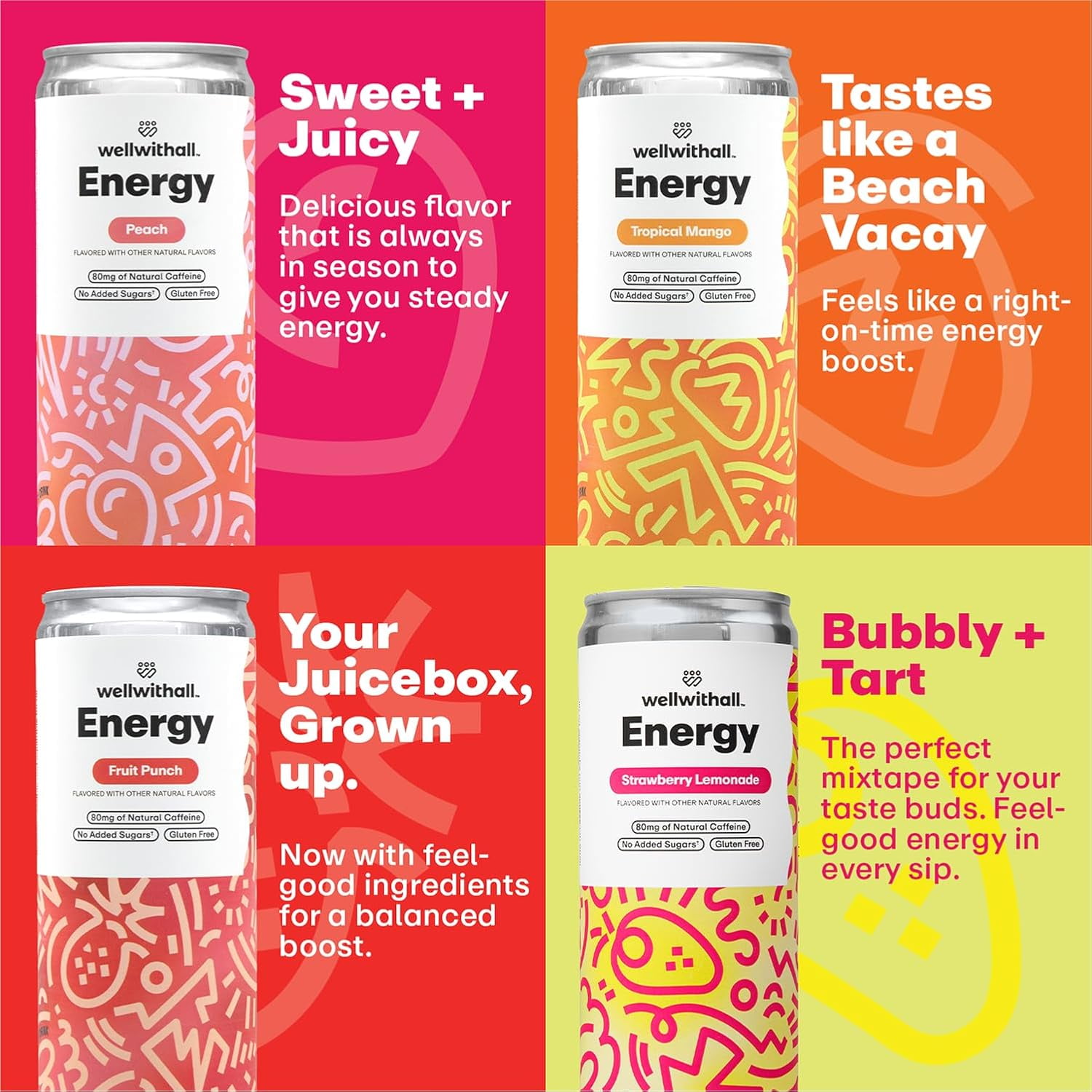 WellWithAll Energy Drink - Variety Pack - Natural Caffeine - Lightly Sparkling 12 oz, 12 Pack