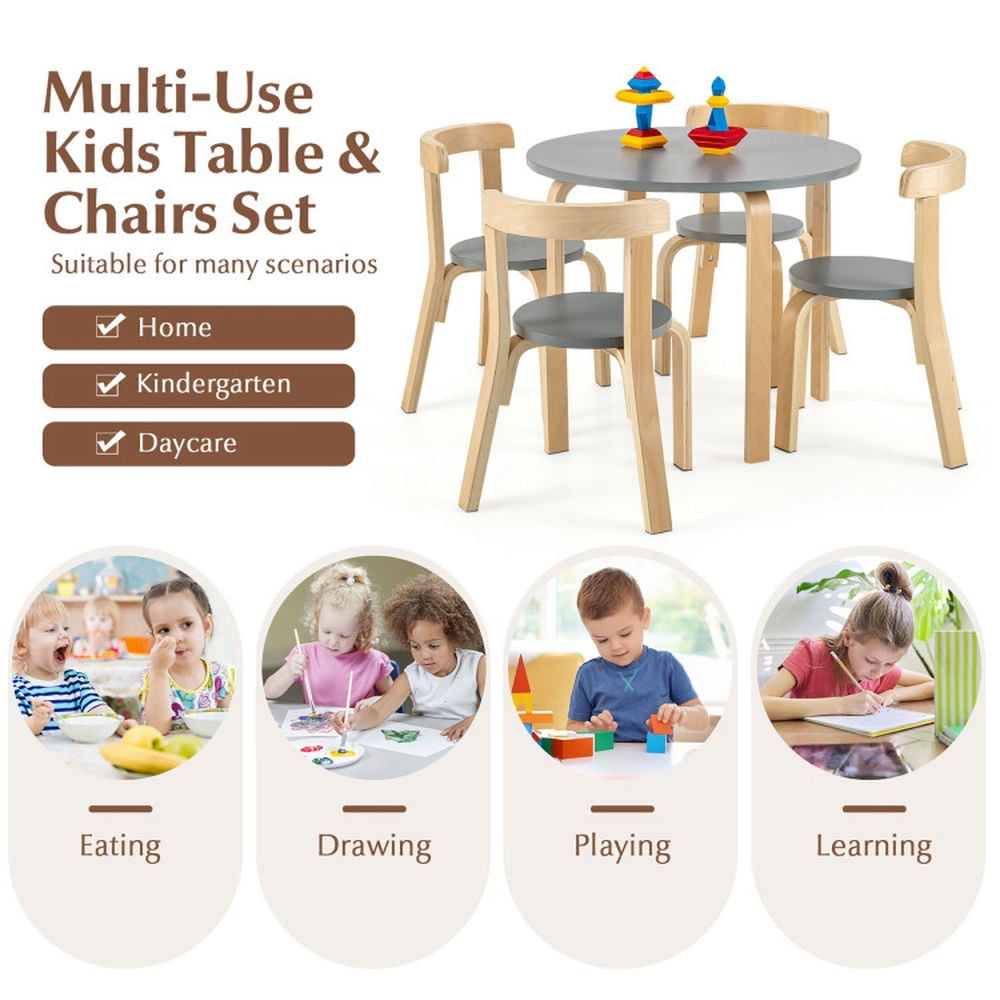 Kadyn Children Kids Table Chair Set,Children Playroom Table Chair Set,5-Piece Kids Wooden Curved Back Activity Table and Chair Set with Toy Bricks-Gray