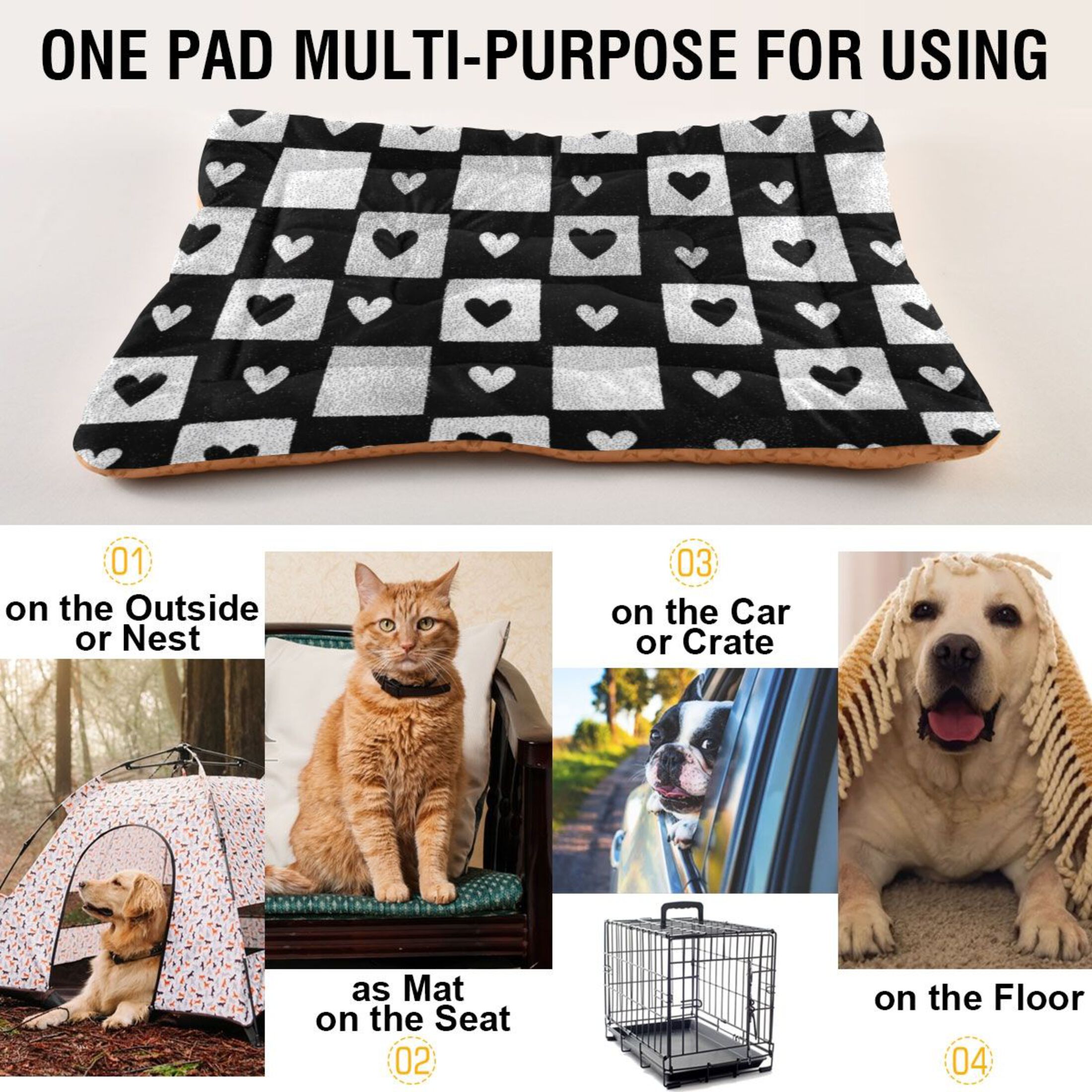 Cozy Mat Pet Bed Indoor Outdoor Warm Soft For Cat Dog Puppy(S/M) Black and White Small Hearts