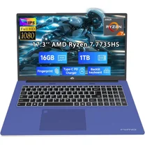 17.3" Business-Laptop, AMD Ryzen 7 7735HS (8C/16T), 16GB RAM 1TB NVMe SSD, Radeon 680M for Light Gaming, PD 100W Type-C WiFi-6E BT5.2 Fingerprint Unlock Backlit Keyboard for Working & Student Blue