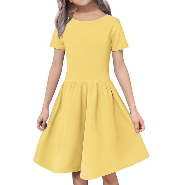 XIMIN Robe d'Été Décontractée pour Filles à Manches Courtes, Col Rond, Ligne A, Fluide, Midi, Robe Soleil pour l'École, Fête, Plage, Vacances, Tenue Quotidienne (Jaune, 5-6 Ans)