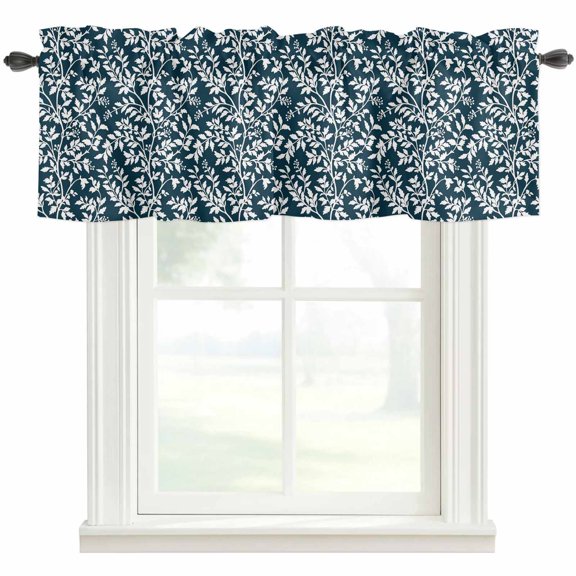 Navy Blue Spring Floral Rod Pocket Curtain Valance, Farmhouse Flowers Elegant Pastoral Farmhouse Window Valance for Living Room, Bedroom, Kitchen 42"W x 18"L