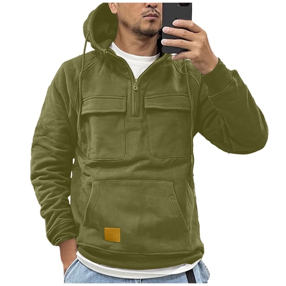 Tactical Hoodies for Men Quater-Zip up Pullover Vintage Sweatshirt Casual Comfort Cargo Hoodies with Multi Pockets Green XL