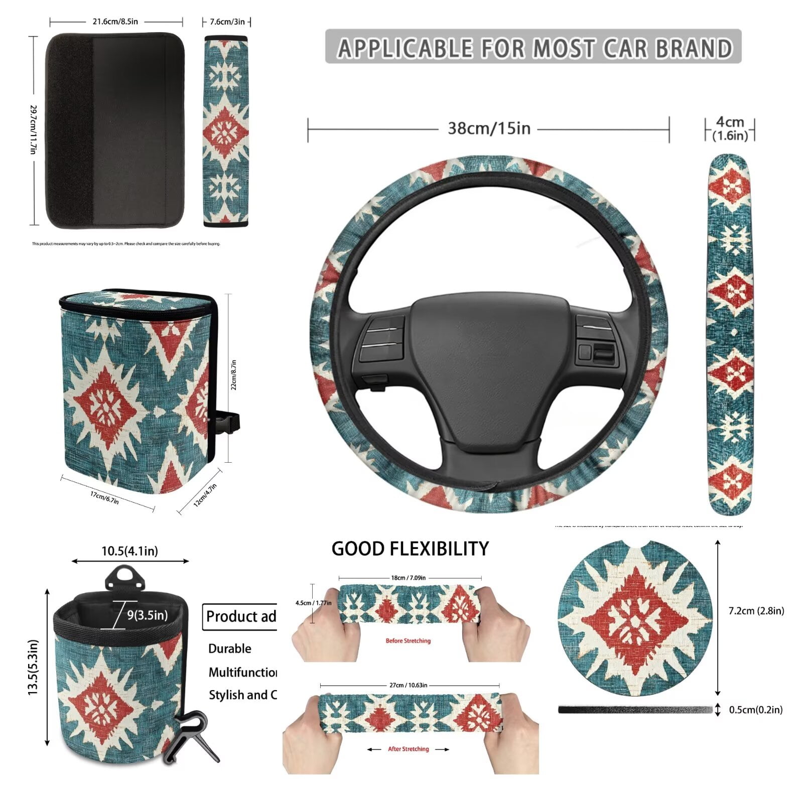 Uorisanigo Auto Seat Protector Cover Aztec Print Include Steering Wheel Covers Seat Belt Strap Pads Auto Trash Can Air Outlet Bag Rearview Cover Car Coasters Set Keychain, Pack of 15, Universal Fit