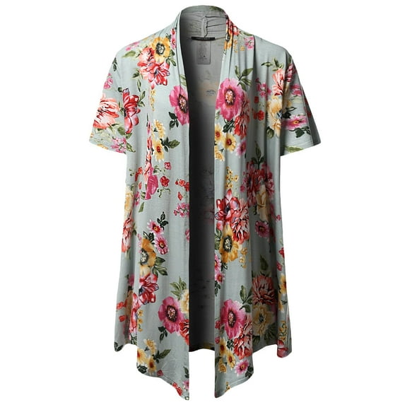 FashionOutfit Women's Open Front Short Sleeves Floral Print Cardigan - Made in USA