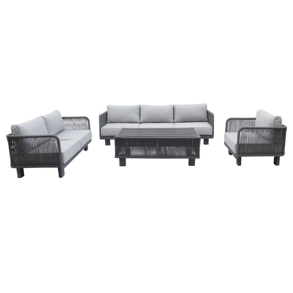 Cancun Aluminum Deep Seating Set with Dark Gray Rope in Silver Cushion