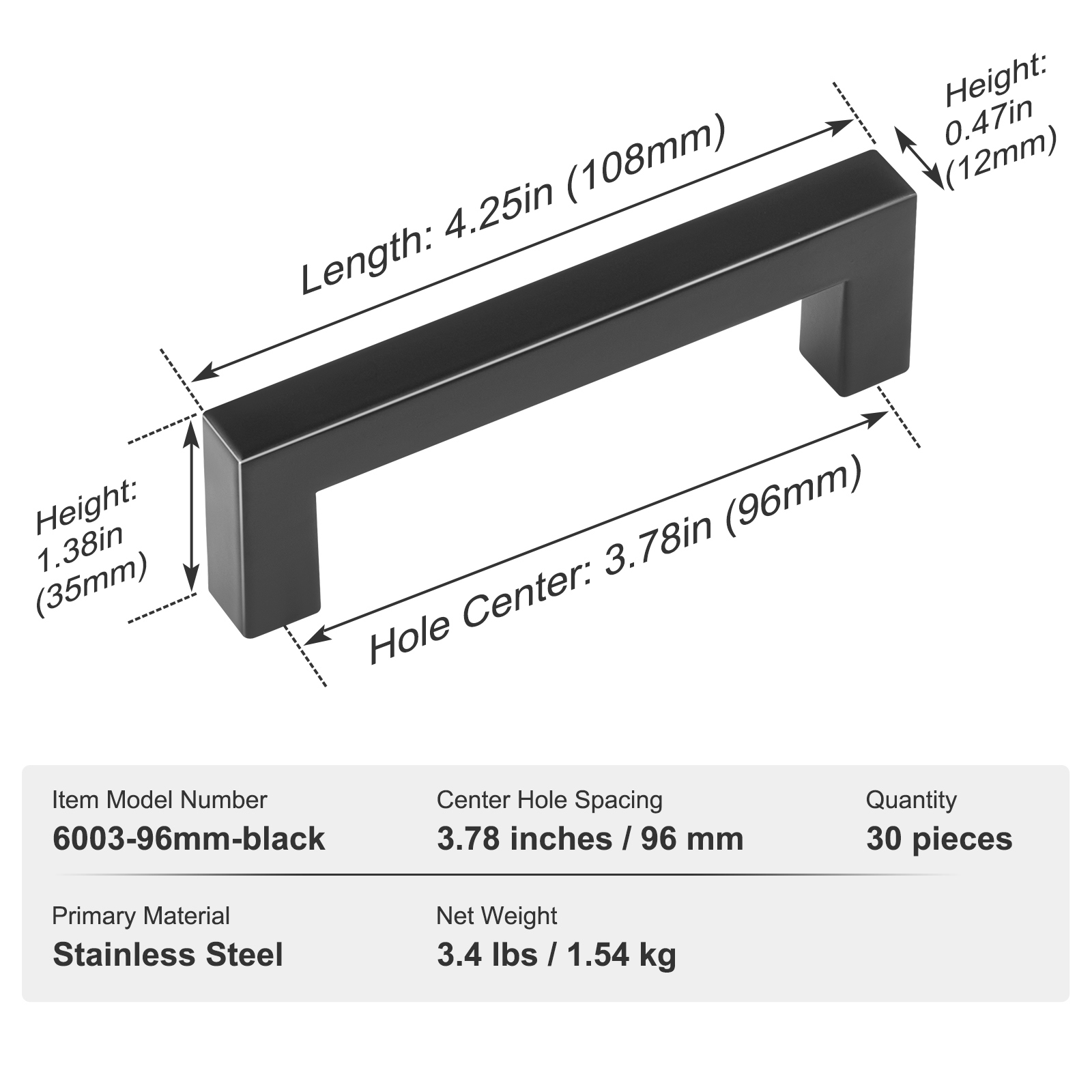 VEVOR 30 Pack Stainless Steel Kitchen Square Cabinet Handles Pulls 3.86in / 96mm