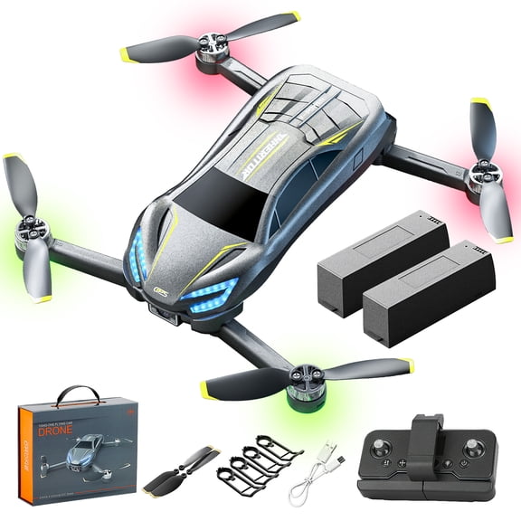 RC Car Drone with Camera for Kids & Adults, 2 Batteries, 1080P Dual Camera Foldable Drone, Brushless Motor, Optical Flow Hover, One Key Takeoff, Gesture Control, LED Lights Quadcopter Toy
