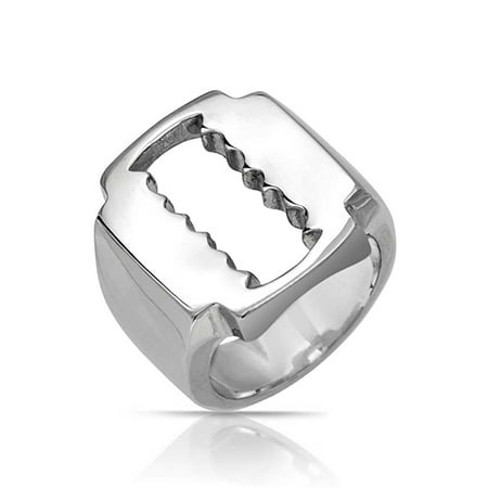 Punk Rocker Goth Razor Blade Band Ring For Men For Bikers Polished Silver Tone Stainless