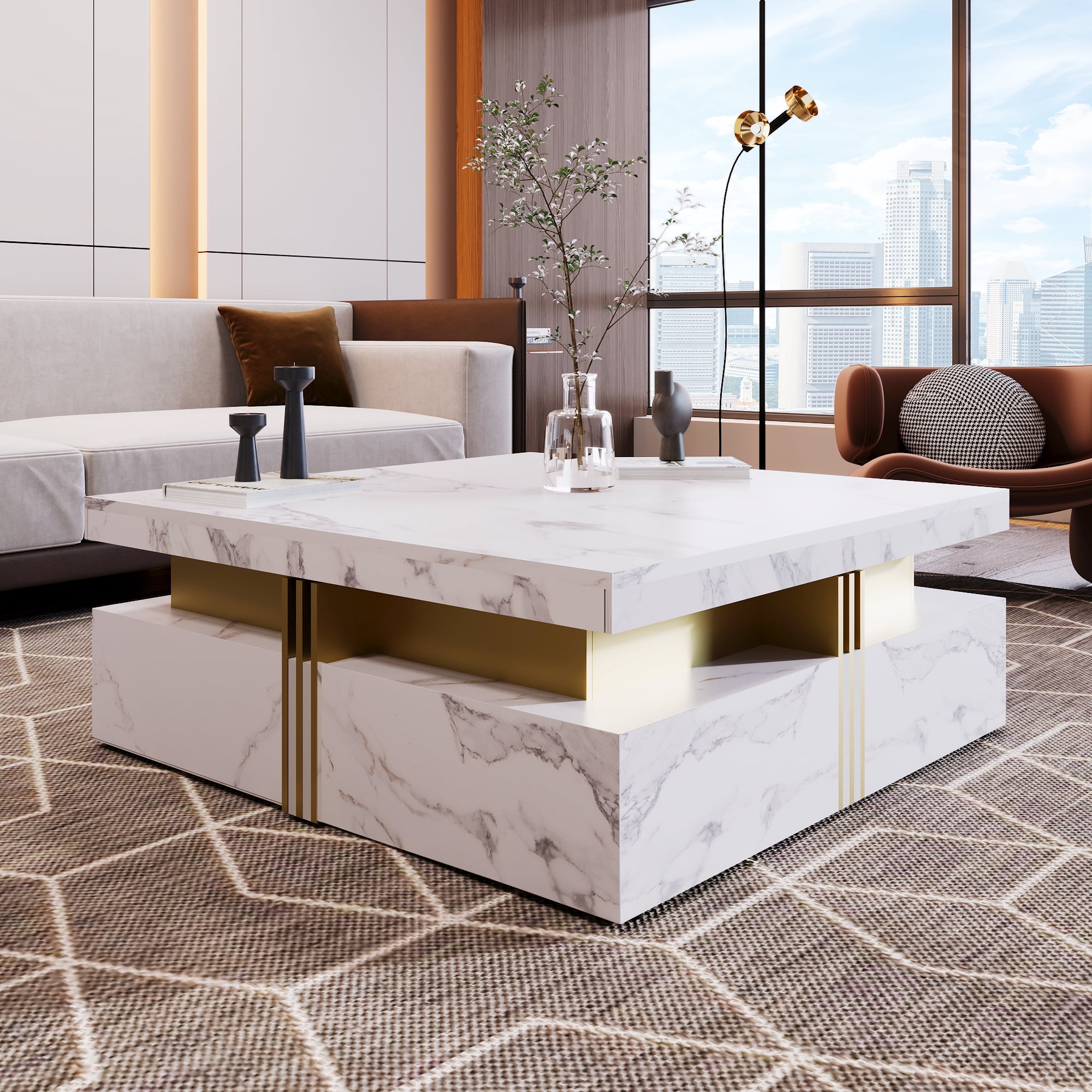Euroco Modern White Square Storage Coffee Table with 4 Drawers