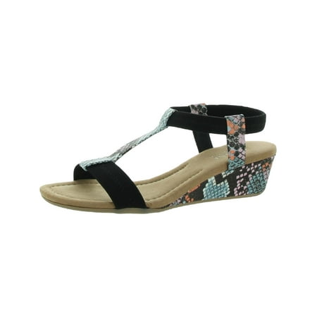 

ALFANI Womens Black Multi-Media Scale Print Flex Gore Ankle Strap Stretch Voyage Round Toe Wedge Slip On Slingback Sandal 6 M
