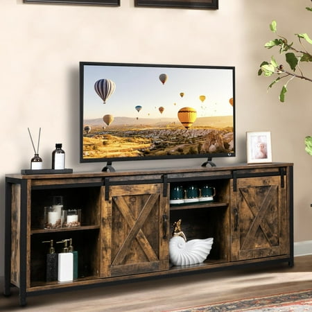 ktaxon farmhouse tv stand for 65 tvs rustic natural brown entertainment center barn doors tv cabinet with storage cubes furniture