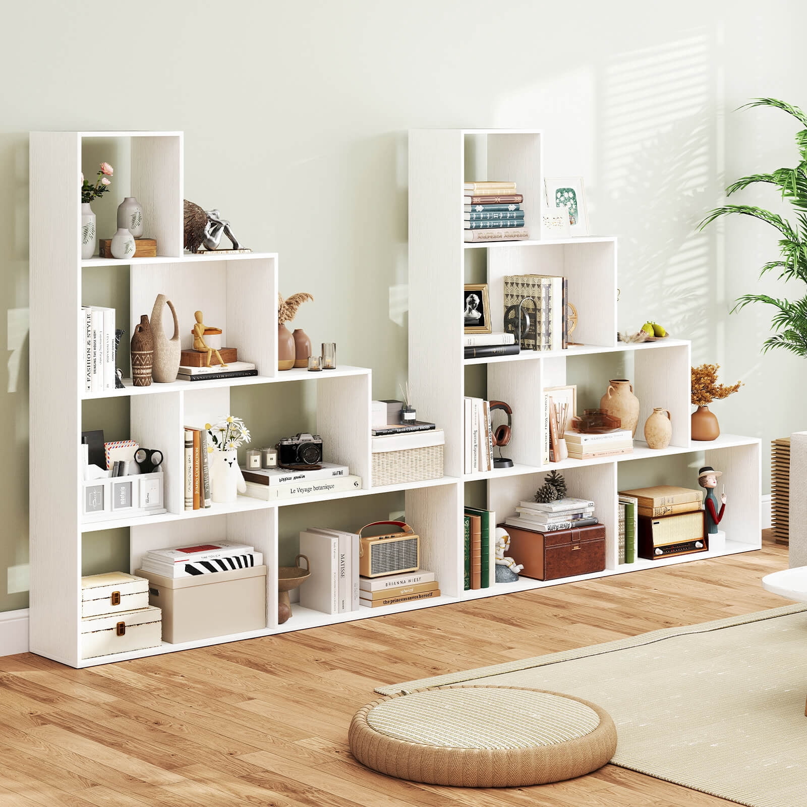 Costway 1 PCS 4-Tier Bookshelf with 6 Storage Cubes 64" Tall Modern Geometric Stair Bookcase