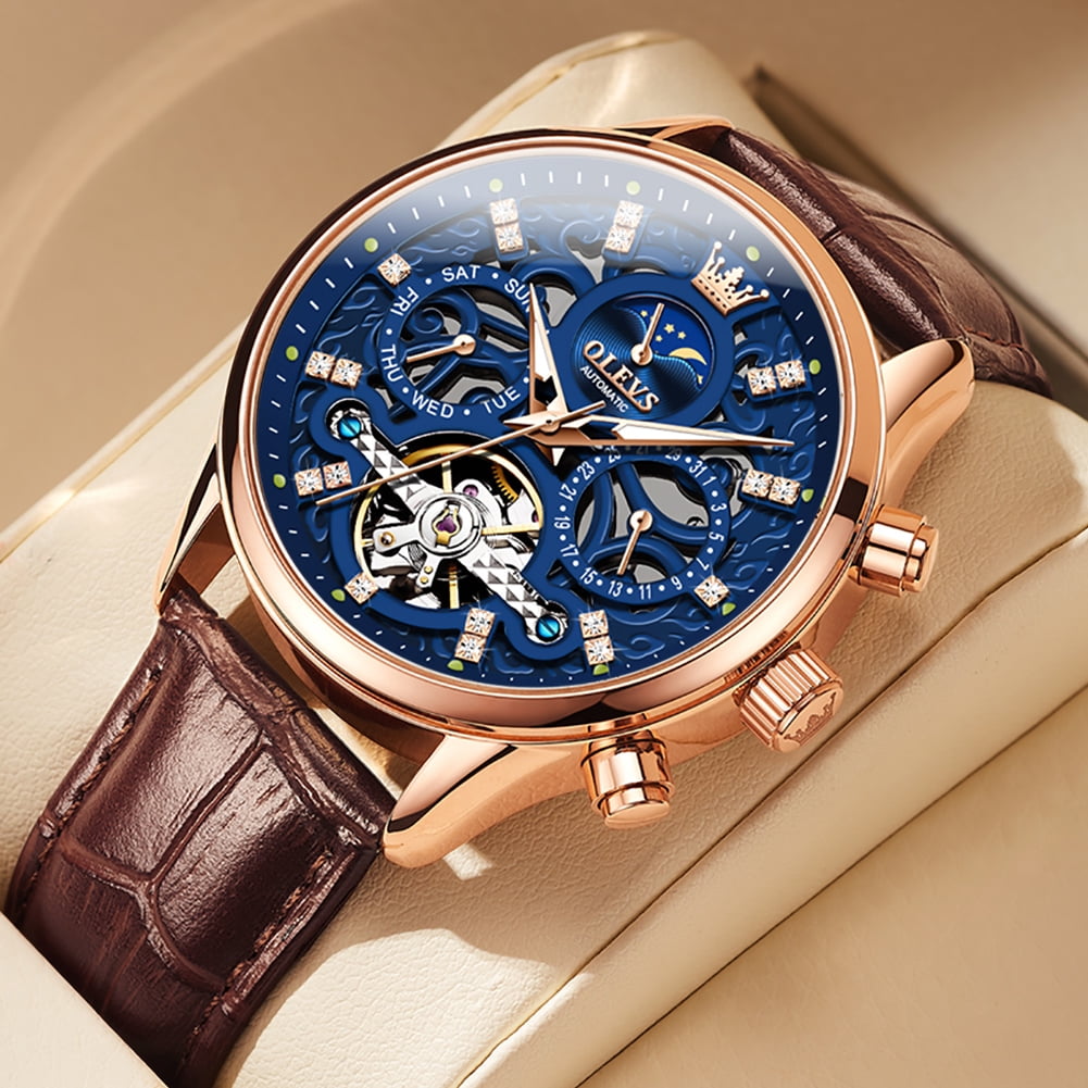 OLEVS Automatic Watches for Men Self Winding Mechanical Chronograph Skeleton Flywheel Luxury Dress Black Brown Leather Diamond Moon Phase Waterproof Luminous Mens Wrist Watches Reloj Para Hombre