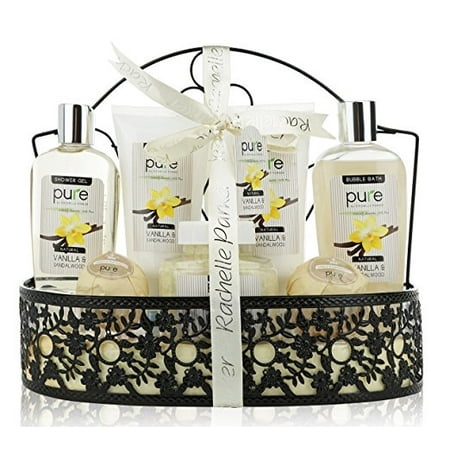 Gift Baskets Canada Spa - Pure Spa Gift Basket with Sandalwood and Vanilla! Beautiful Natural Spa Metal Basket Gift for Men with Lush Bath Bombs, Bubble Bath & Body Lotion, Women's or Men's Gift Set!