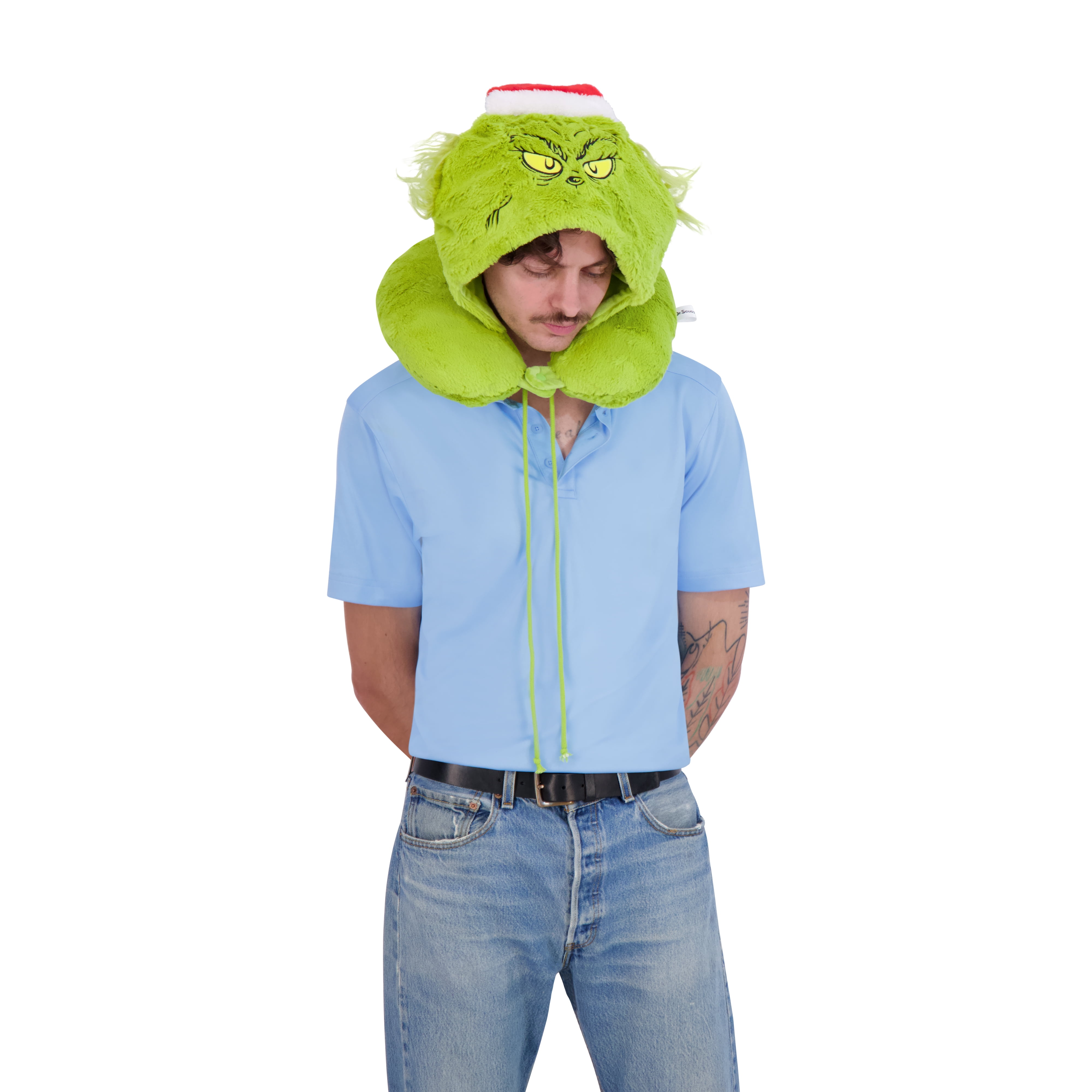 Dr. Seuss The Grinch Hooded Neck Pillow, Memory Foam Travel Accessories for Airplane, Car, and Office, Comfortable and Breathable, Multi