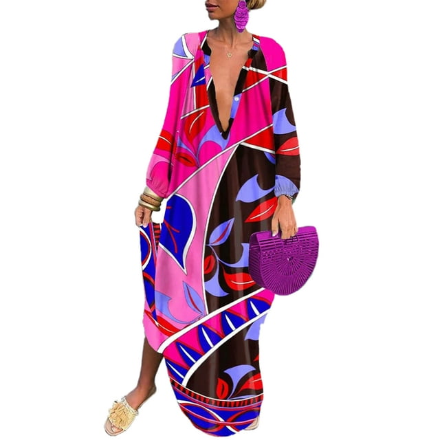 UKAP Ladies Maxi Dresses Button Down Dress Long Sleeve Loose Party Pink Red Purple L