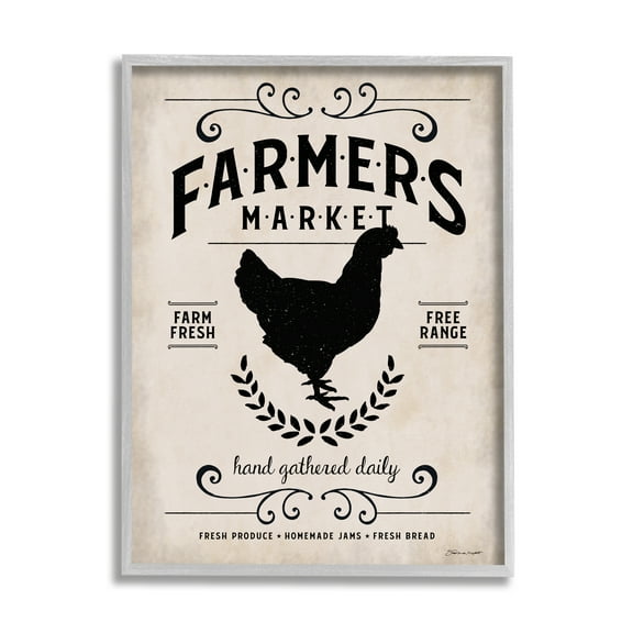 Stupell Industries Farmers Market Rooster Animal Rustic Textured Word Design Gray Farmhouse Rustic Framed Giclee Texturized Art by Stephanie Workman Marrott