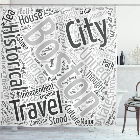 Boston Shower Curtain, Worldcloud Messy Arrangement of Tourist Attraction Concept Words, Fabric Bathroom Set with Hooks, 69W X 75L Inches Long, Charcoal Grey White and Grey, by Ambesonne