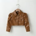 thumbnail image 3 of NIUREDLTD Toddler Kids Girls Cropped PU Leather Jacket Long Sleeve Solid Color Coat Outerwear Lapel Button Down Motorcycle Jacket Brown Size 130, 3 of 4