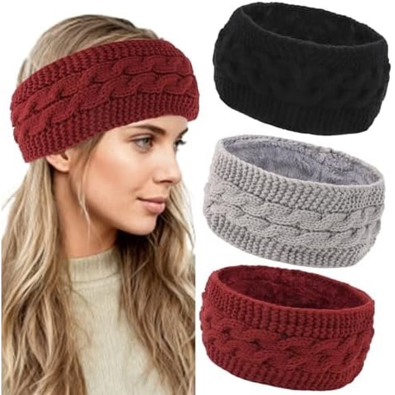 Winter Headbands for Women 3 Pack, Fuzzy Ear Warmer Headbands for Women,Fleece Lined Knitted Headband, Warm Winter Accessories Gifts