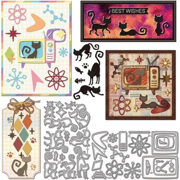 Atomic Retro TV Cat Cutting Dies Metal Television Kitten Die Cuts Animals Cutting Embossing Templates for Scrapbooking Crafts Paper Cards Making