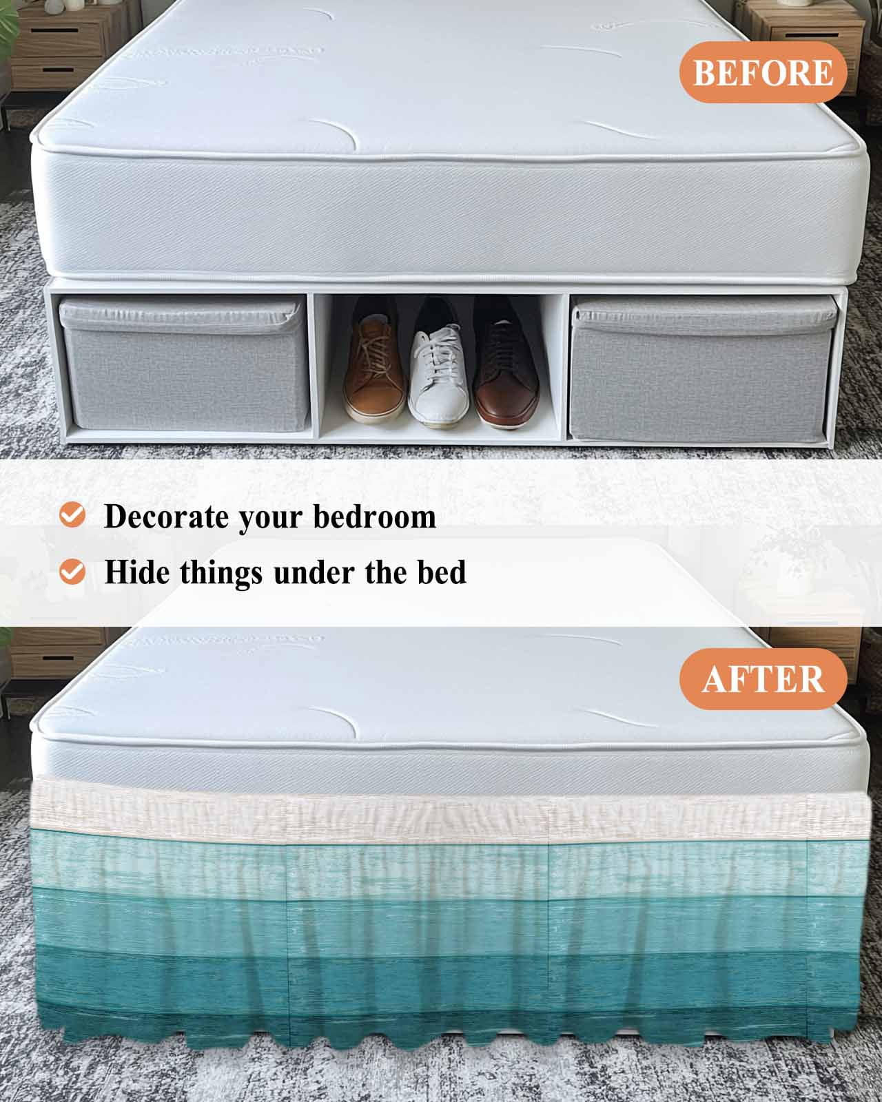 Rustic Stripes Bed Skirt Aqua Gradient Farmhouse Wood Grain Bed Skirts King Size 18 Inch Drop, Wrap Around Dust Ruffle&nbsp;Bedskirt with Adjustable Elastic Belt for Queen Size Beds