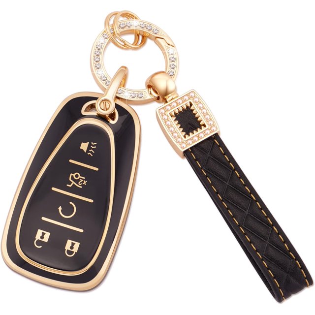 HSHDLDF for Chevy Key Fob Cover with Leather Key Fob Keychain 5 Buttons Soft TPU Key Shells Fit for Chevrolet Malibu Cruze Camaro Traverse Sonic Volt Bolt Equinox Key Fob Protector Black Gold(BP-Ch-