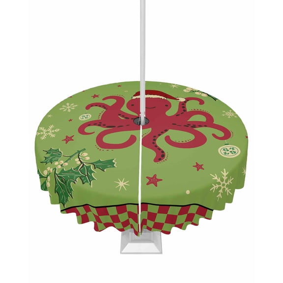 Fsddascl Coastal Octopus Christmas Outdoor Tablecloth - 60 Inch Round Dining Table Cover, Blue Red Green Plaid Botanical Waterproof Outdoor Table Cloth with Umbrella Hole & Zipper for Picnic/Patio