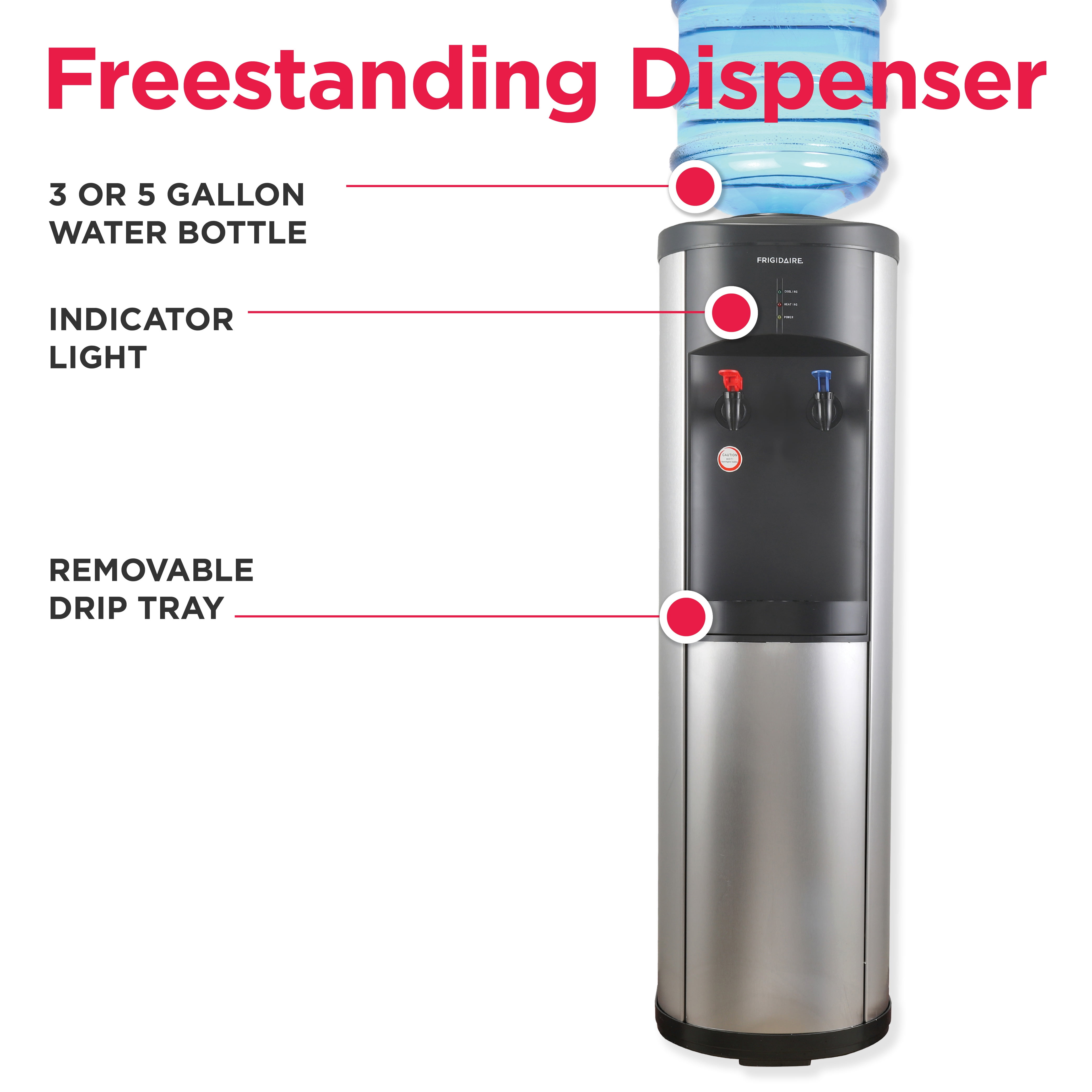 Frigidaire Top Load Hot & Cold Water Cooler Dispenser, Fits 3 and 5 Gallon Bottles, Stainless Steel