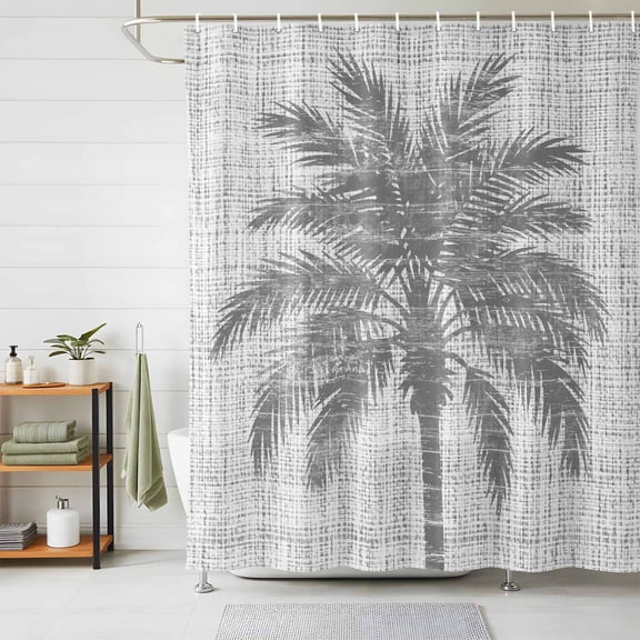 Shower Curtains for Bathroom, Grey Palm Tree Waterproof Fabric Shower Curtain, Tropical Summer Coastal Vintage Gray Decorative Bathroom Curtain for Bathtub, 66"x72", No Hooks Included