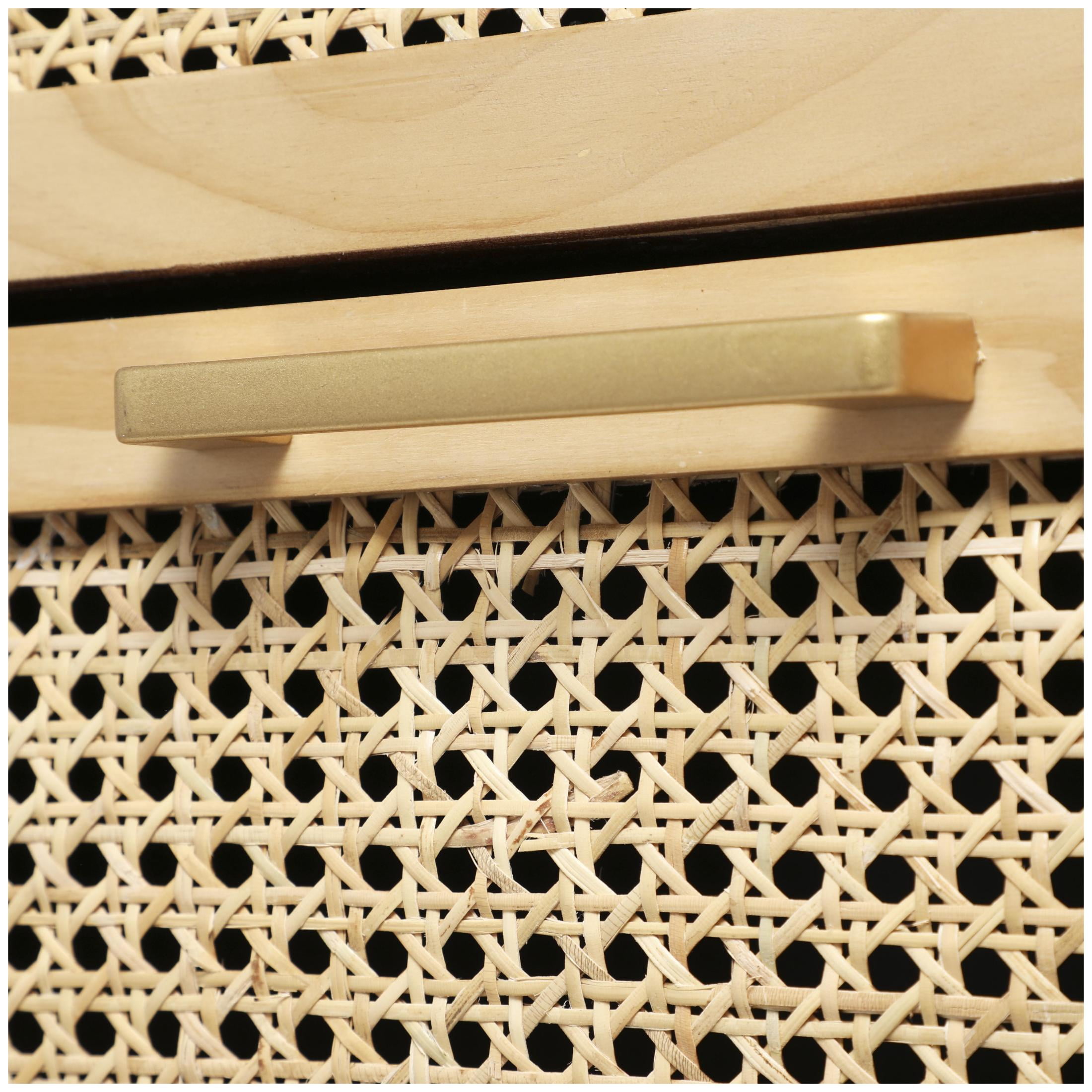 DecMode 36" x 32" Light Brown Wood 3 Drawer Chest with Beige Rattan Drawers and Gold Handles, 1-Piece
