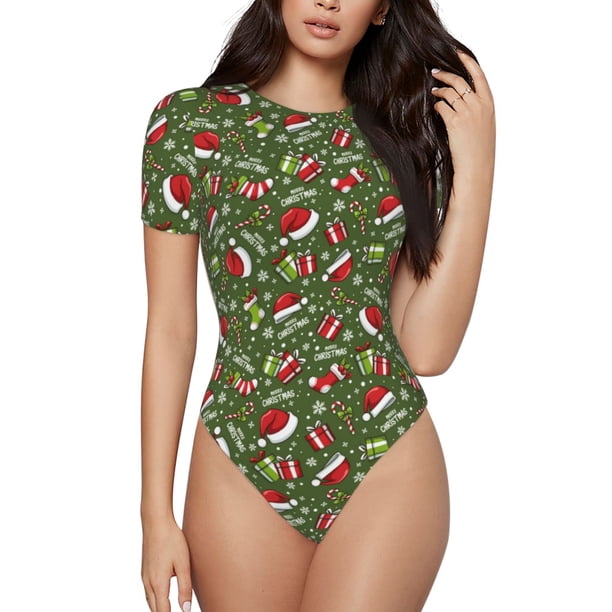 Fotbe Christmas Hat sock Body de Mujer con Cuello Redondo y Mangas Cortas, Sin Mangas Ajustado, Suave, Cómodo y Básico-Medium