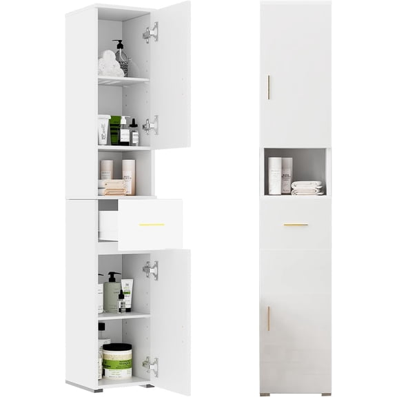69 Inch Tall/Narrow/Slim/Skinny Storage Cabinet with Drawer & Door & Adjustable Shelves Line Cabinet for Small Spaces Living Room Bathroom/Laundry/Kitchen High Glossy White